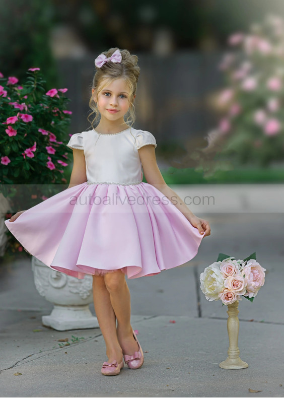 Cap Sleeves Beaded Ivory And Pink Satin Cute Flower Girl Dress